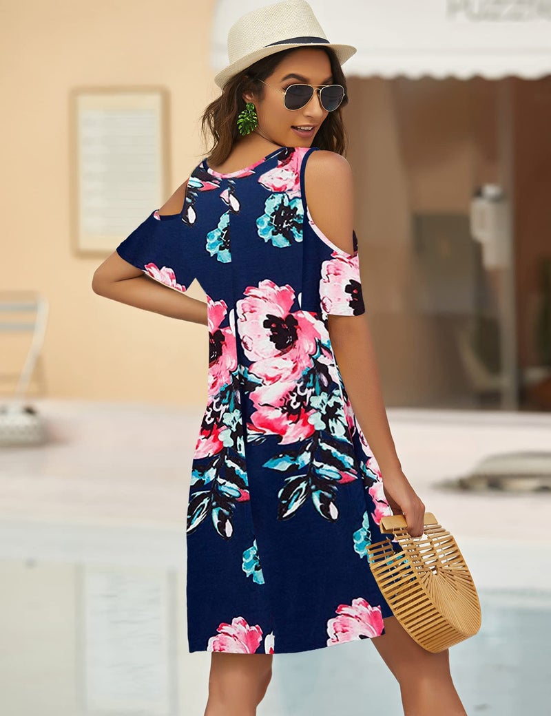 Bluetime Women Cold Shoulder Summer Dress Short Sleeve Beach Casual Loose Swing Dress (XXL, Floral8) - Image 4